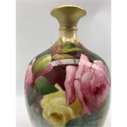 Early 20th century Royal Worcester ovoid form vase, the body hand painted with roses, unsigned, upon circular foot, with puce printed marks beneath including shape number 294, and date code for 1911, H20cm