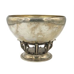 Georg Jensen silver bowl of Art Deco design with spot hammered decoration on scroll supports and circular foot, D16.5cm Mark of Gustav Pedersen, Import Marks for 1937