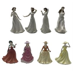 Three Royal Doulton International Collectors Club Sentiments figures comprising Embrace, Charmed and Cherish, a similar figure 'With Love' and a set of four Royal Doulton Four Seasons figures comprising Summer Breeze, Spring Time, Winter's Day and Autumn Stroll (8)