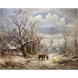 English School (19th century): Winter Landscape with Horses and Figures Walking Towards Town, oil on canvas signed with initials JB dated 1844, 40cm x 50cm