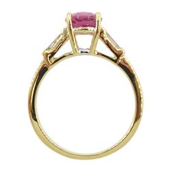 18ct gold oval pink sapphire ring, with tapered baguette diamond shoulders, stamped 18K 750, pink sapphire approx 1.85 carat