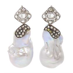 Pair of silver baroque pearl and diamond pendant earrings