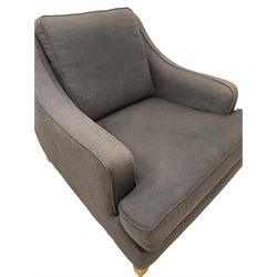Multi York - low armchair upholstered in grey fabric, raised on square and tapering supports