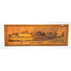 Large wooden panel of Alnwick Castle by R G C Panels, London 56cm x 167cm