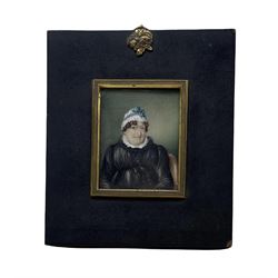19th century miniature half length portrait on ivory of a lady wearing a lace cap 7.5cm x 6cm