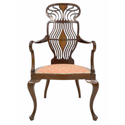 Art Nouveau period mahogany open arm chair, the inlaid pierced wavy splat back over upholstered seat, raised on slender cabriole supports W59cm