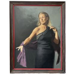 English School (mid 20th century): Three Quarter Length Portrait of a Woman in an Evening Gown with a Purple Shawl, oil on canvas unsigned 115cm x 86cm