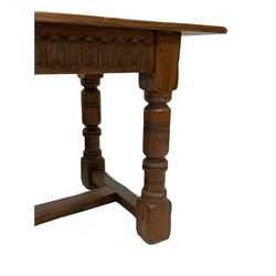17th century design oak refectory dining table, rectangular top over arcade carved frieze rails, on turned supports united by H stretcher
