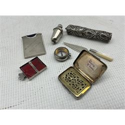 Group of silver novelties/small collectables, comprising Georgian vinaigrette, Victorian silver needle case, Edwardian silver tape holder in the form of an acorn, 1920's Scottish silver and mother of pearl page marker, Edwardian silver mounted compass pendant, late Victorian silver miniature frame, and a small unmarked silver filigree case