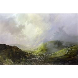 Clare Haley (British contemporary): 'Craggy Ancient Route to Somewhere', oil on board signed, titled signed and dated 2015 verso 60cm x 90cm