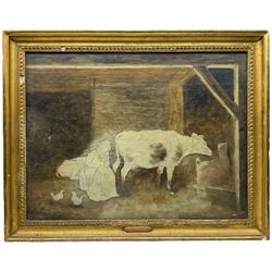 Circle of George Morland (British 1763-1804): Stable Scene with Figure and Cow, unfinished oil on canvas unsigned, inscribed verso 45cm x 49cm