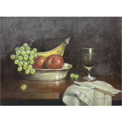 Thompson (English School 20th century): Still Life of Fruit and Butter Knife, oil on canvas signed 45cm x 60cm