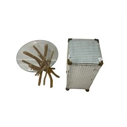 Glass top occasional table with rustic driftwood style base (H51cm); and Lloyd Loom style rattan box with glass top (H60cm)
