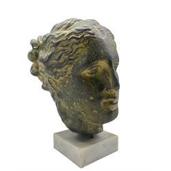Patinated plaster bust modelled as Artemis Diana on square marble plinth, H25cm