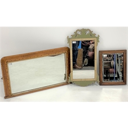 19th century painted oak framed upright wall mirror, (70cm x 39cm) together with a 19th century inlaid walnut framed wall mirror, (82cm x47cm) and another mirror with bevelled plate (32cm x 42cm)