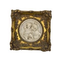 Edward William Wyon (English 1811-1855): Reconstituted relief plaque depicting 'The Calmady Children', after Sir Thomas Lawrence, Inscribed 'Sir T. Lawerence Dest' and signed 'E. W. Wyon Sculpt 1st June 1848' in gilt frame with bronze seal verso W18cm