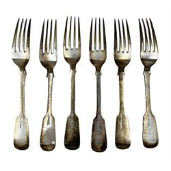 Three Victorian silver fiddle pattern table forks Exeter 1842 and three others of similar date, all by William Rawlings Sobey