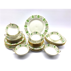 Hammersley 'Green Leaves' pattern dinner service comprising six two handled soup bowls and stands, six dessert bowls, three larger bowls, four open oval serving dishes, platter, three plates and a butter dish base (30)