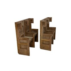Pair of two seater oak priory pews with hinged seats W125cm, H117cm, D45cm 