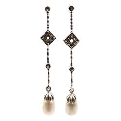 Pair of silver pearl and marcasite pearl pendant earrings, stamped 925