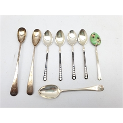 Set of six silver coffee spoons Sheffield 1948, six silver bead knop coffee spoons, four silver coffee spoons with enamelled stems, two George III silver mustard spoons and two other spoons
