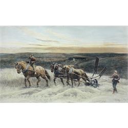 After Herbert Thomas Dicksee RE (British 1862-1942): 'The Reapers' Three Horse Team Reaping a Crop, engraving with hand-colouring signed and dated 1917 in the plate 39cm x 65cm