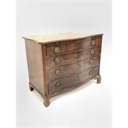 Georgian well figured mahogany serpentine front chest, the moulded cross banded top over brushing slide and four long graduating drawers raised on bracket supports, with all over ebonised string inlay