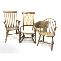  Early 20th century beech simulated rosewood upholstered rocking chair (W54cm) together with an ash Windsor armchair (W63cm) another ash hoop back Windsor armchair, (W50cm) and a Lloyd Loom type upholstered tub shaped chair (W60cm)  