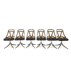 Grafton, Wisconsin - Circa 1960s set six dining chairs with brown Acrylic back rests, upholstered seat,  raised on swivelling aluminium bases with splayed supports, W46cm