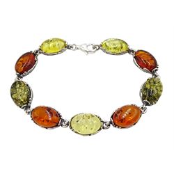 Silver multi coloured oval amber link bracelet, stamped 925