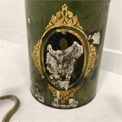 19th century toleware tea cannister with gilt Chinoiserie design on green ground H40cm, together with two pairs of brass Cobra candlesticks (5)