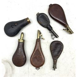 Group of six leather shot flasks including a tear drop shaped flask embossed with hunting scenes, another by Sykes with brass nozzle and four other 19th century and later examples (6)
