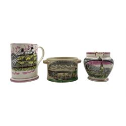 19th century Sunderland lustre frog mug decorated with The Gauntlet Clipper Ship with Manchester Unity Order of Oddfellows to the reverse H13cm, , Sunderland lustre two handled jar with a view of the Iron Bridge D11cm and a jug of similar design (3)