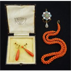 Pair of late 19th/early 20th century 9ct screw back coral pendant earrings, gilt micro mosaic pendant and a coral bead necklace