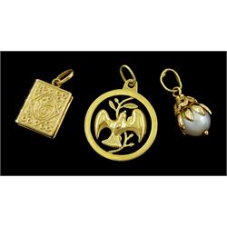 Three 18ct gold pendant / charms including dove, pearl and Quran