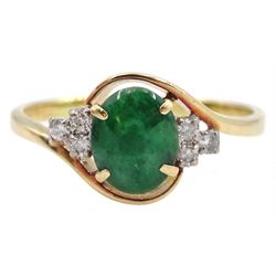 14ct gold oval jade and round brilliant cut diamond cluster ring, stamped 14K 585