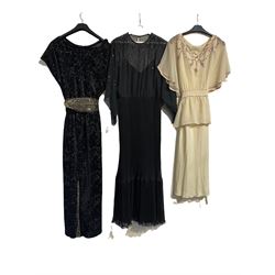 Collection of vintage clothing including a Roland Klein black dress, sequin bodice and pleated skirt, size 14, Janice Wainwright ivory chiffon gown with embroidered detail and tie waist, size 12, a sequin lined dress with belt, Karl Lagerfeld skirt size 38 and other vintage clothing