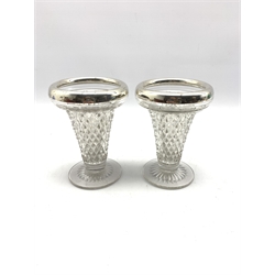 Pair of glass trumpet shape vases with silver rims H17cm Birmingham 1923