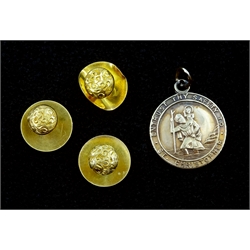 Three gold studs stamped 18ct and a St Christopher's pendant, hallmarked 9ct