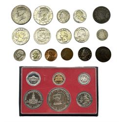 United States of America coinage, including 1804 Liberty half cent, 1844 one cent, 1908 five cent, 1976 proof coin set etc
