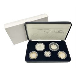 The Royal Mint United Kingdom 2007 silver proof piedfort five coin collection, cased with certificate