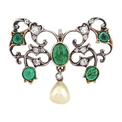Early 20th century gold and silver cabochon emerald and old cut diamond openwork pendant/brooch, suspending to a diamond and pearl drop