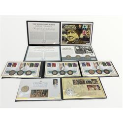 Coin covers including 'Portraits of a Leader Churchill 50th Anniversary' containing three Bailiwick of Guernsey 2015 five pound coins and 'The Winston Churchill £5 Proof Coin Cover' containing a United Kingdom 2010 five pound coin, both housed in Westminster folders and three further Harrington & Byrne folders containing various coin covers