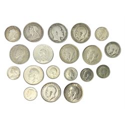 Approximately 70 grams of pre 1920 Great British silver coins, including George IV 1826 shilling, Queen Victoria 1899 shilling, 1887 shilling etc