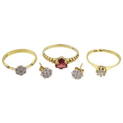 Gold diamond chip flower cluster ring, stamped 18ct Plat, pair of 10ct gold diamond chip cluster stud earrings, 9ct gold garnet ring and one other 18ct gold paste stone ring