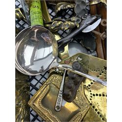 Oak chrome mounted tantalus, brass cigarette box, Butler silver-plated ladle, Art Nouveau copper crumb tray, brass trivet etc in one box
