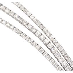 18ct white gold three row round brilliant cut diamond bracelet, stamped, total diamond weight approx 7.70 carat