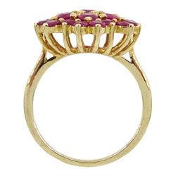 9ct gold ruby flower head cluster ring, hallmarked 