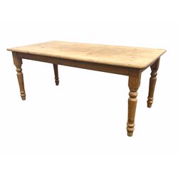 Victorian style pine farmhouse dining table, the rectangular top raised on turned supports 184cm x 91cm, H76cm