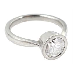 Platinum bezel set round brilliant cut diamond, single stone ring, hallmarked, diamond 1.28 carat, with insurance valuation dated 2019